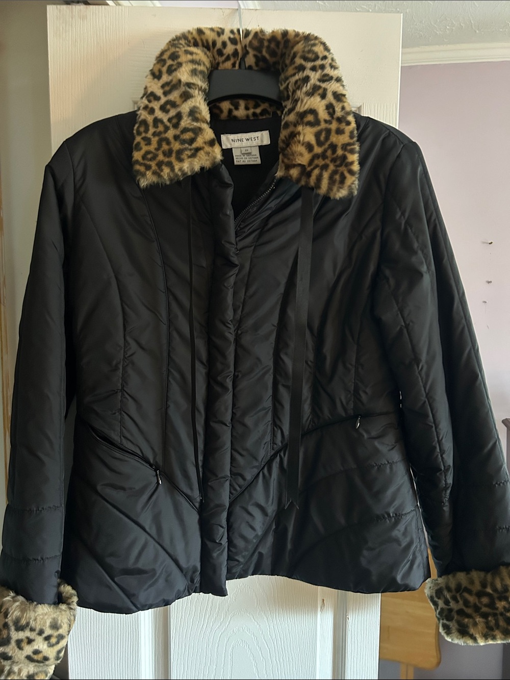 Nine West Black Puffer Jacket with Leopard-Print Faux Fur Trim